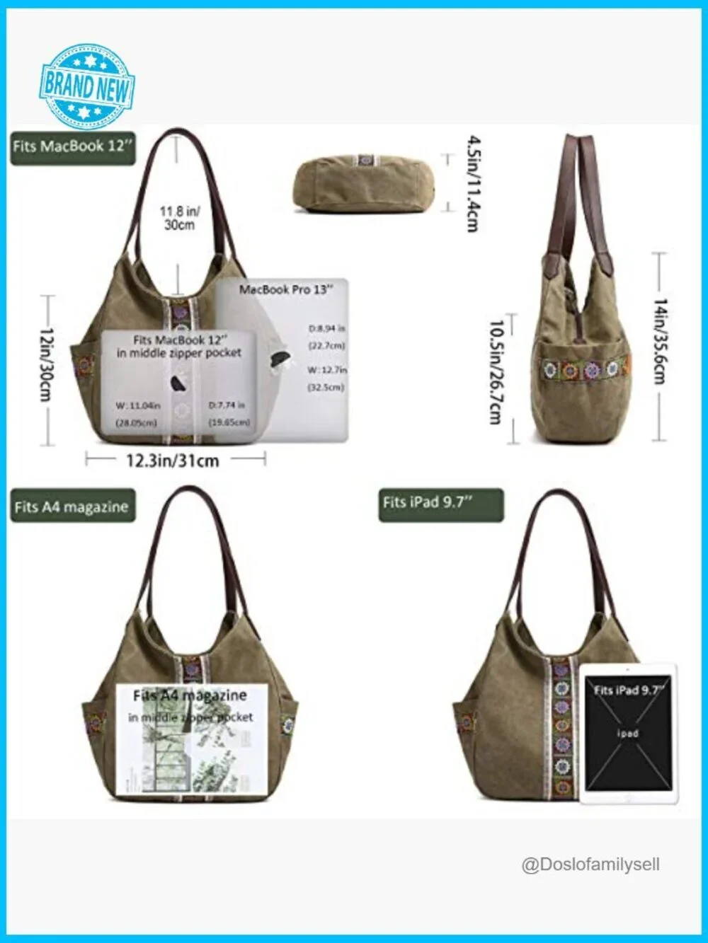 Canvas Hobo Purse Multi Pocket Tote Shopper Shoulder Bag Casual Top Handle